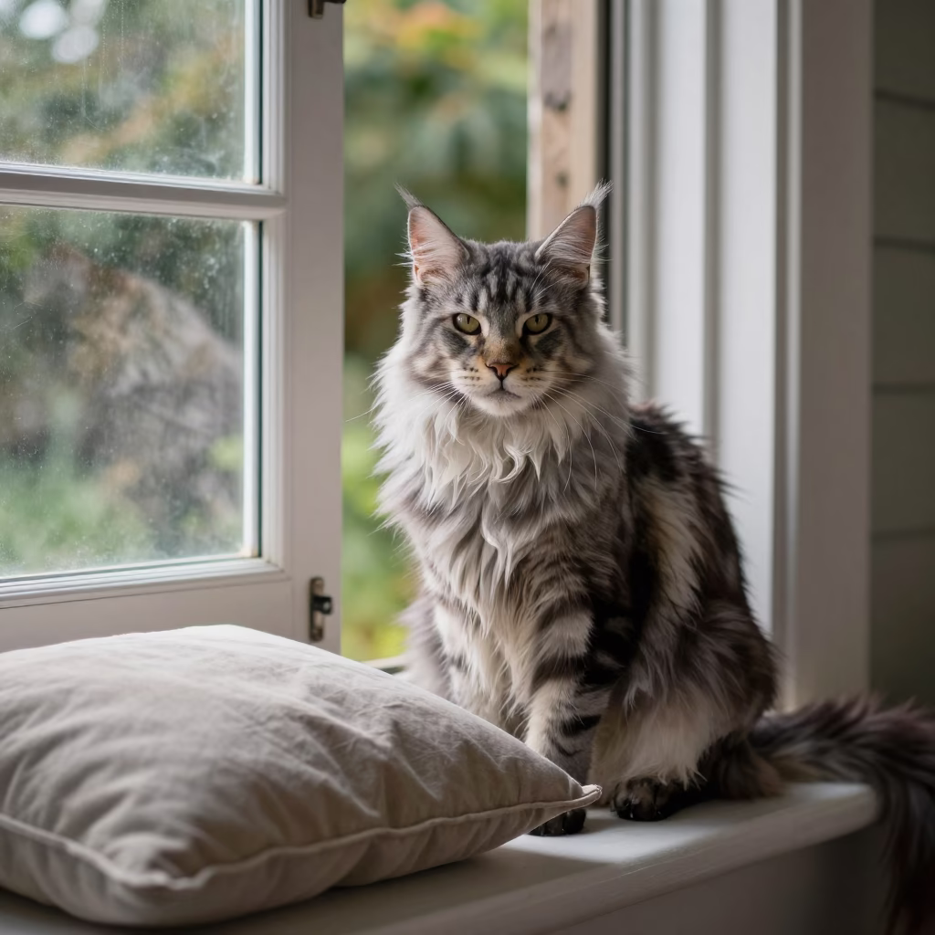 Maine Coon Polydactyl Cat on Cape Town Porch in near a garden edge with soft morning light and an uncluttered background in Cape Town