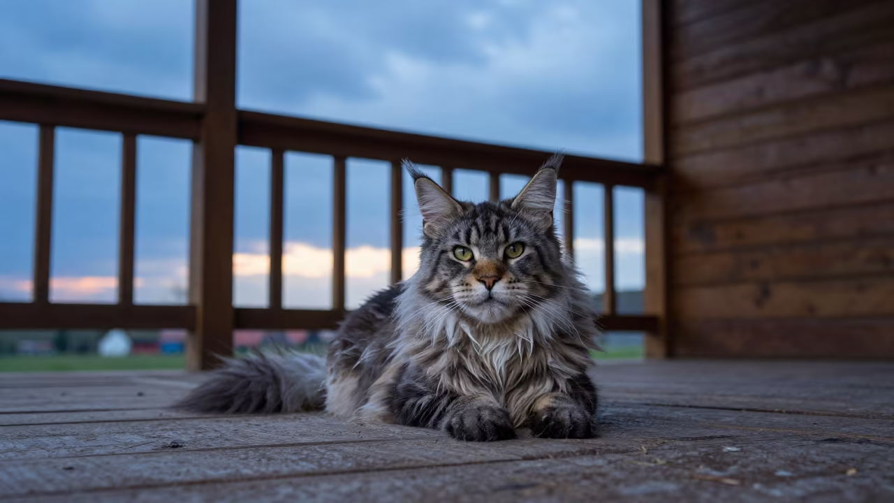 Maine Coon Polydactyl Cat on Shaded Porch at Dusk in on a shaded front porch with boards, railings, and eye-level framing in Mosul