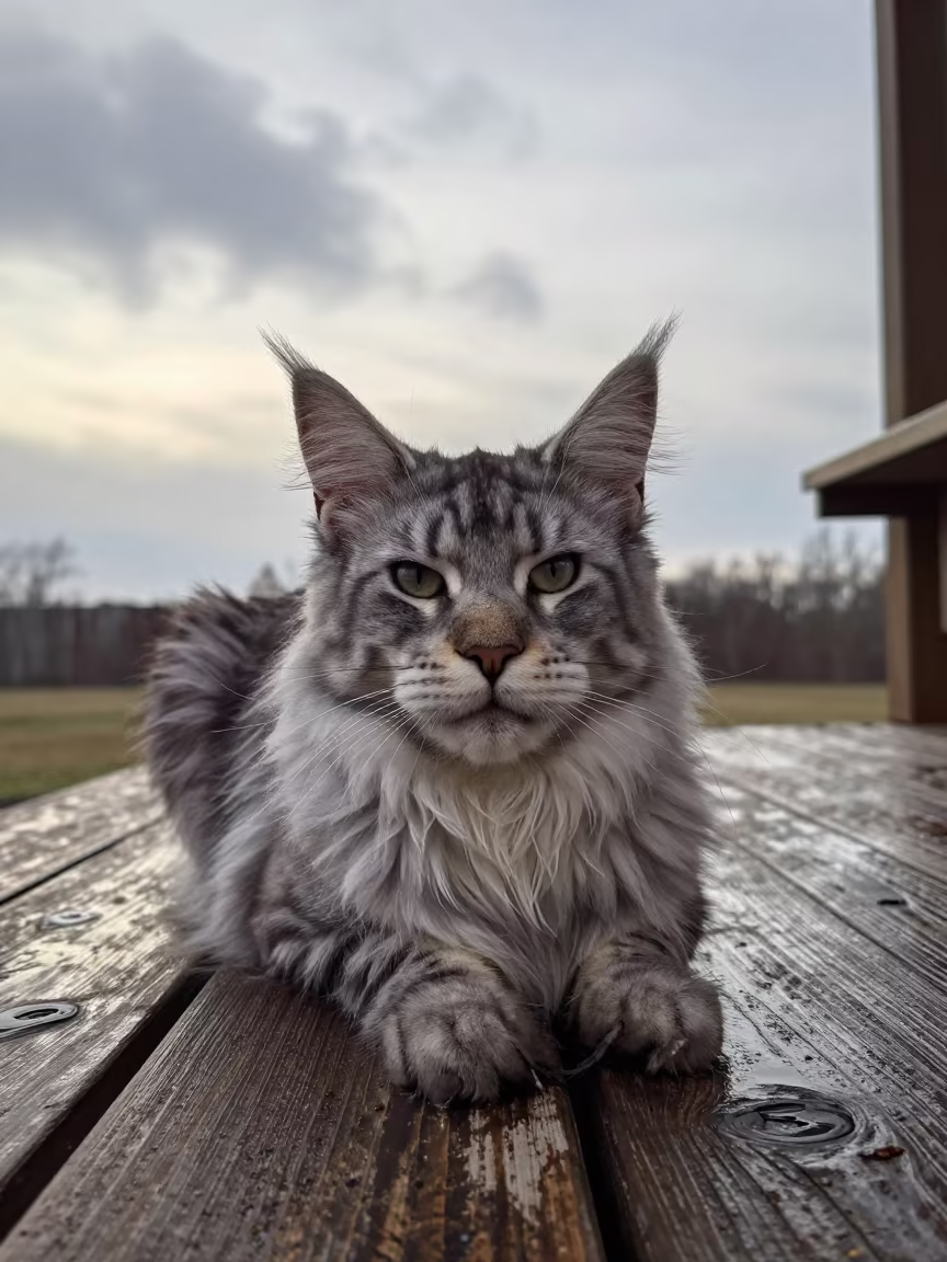 Maine Coon Polydactyl Cat on Shaded Porch in on a shaded front porch with boards, railings, and eye-level framing near Delmas