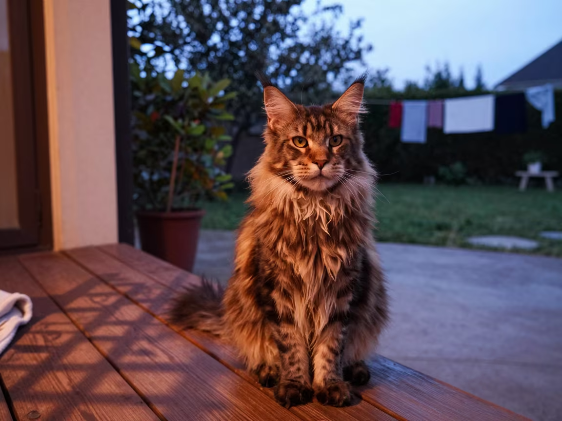 Maine Coon Polydactyl Cat on Shaded Tianjin Porch in near a garden edge with soft morning light and an uncluttered background in Tianjin