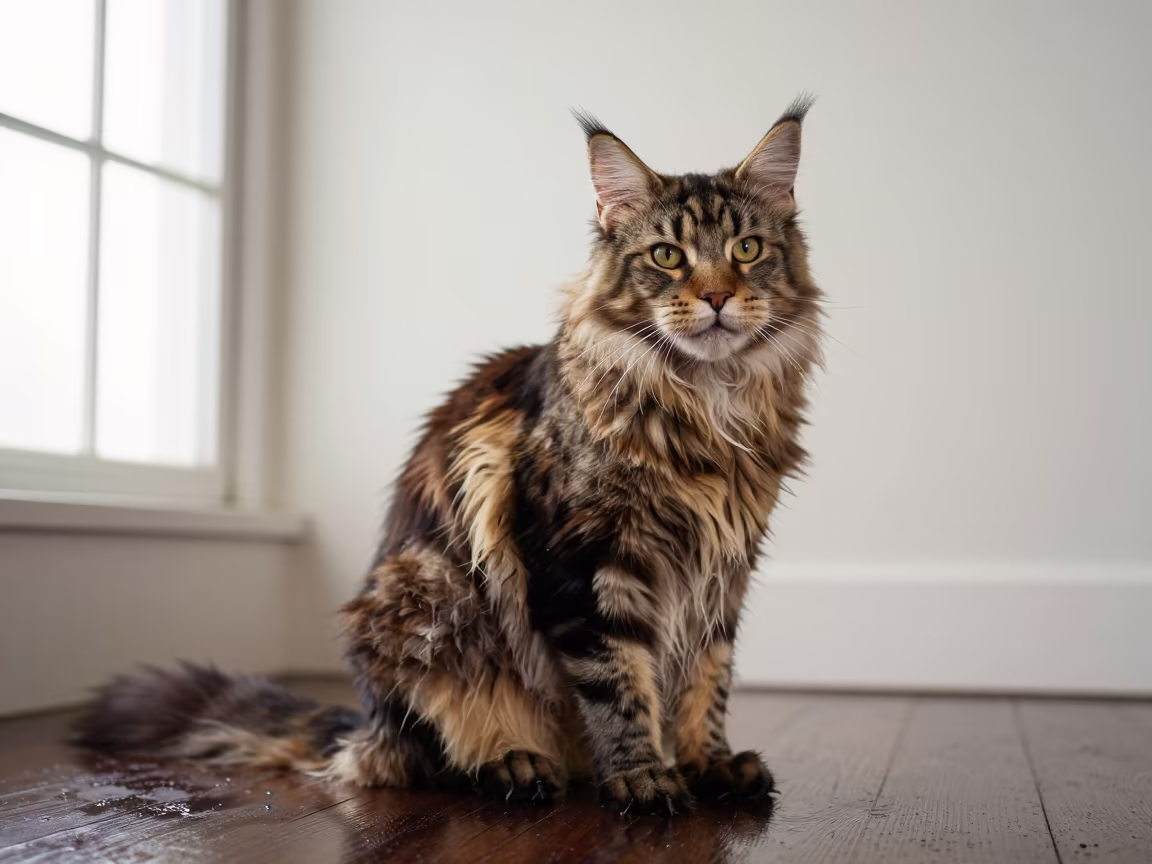 Maine Coon Polydactyl Cat Portrait in Hue Studio in in a quiet portrait studio with a plain backdrop and eye-level framing in Hue