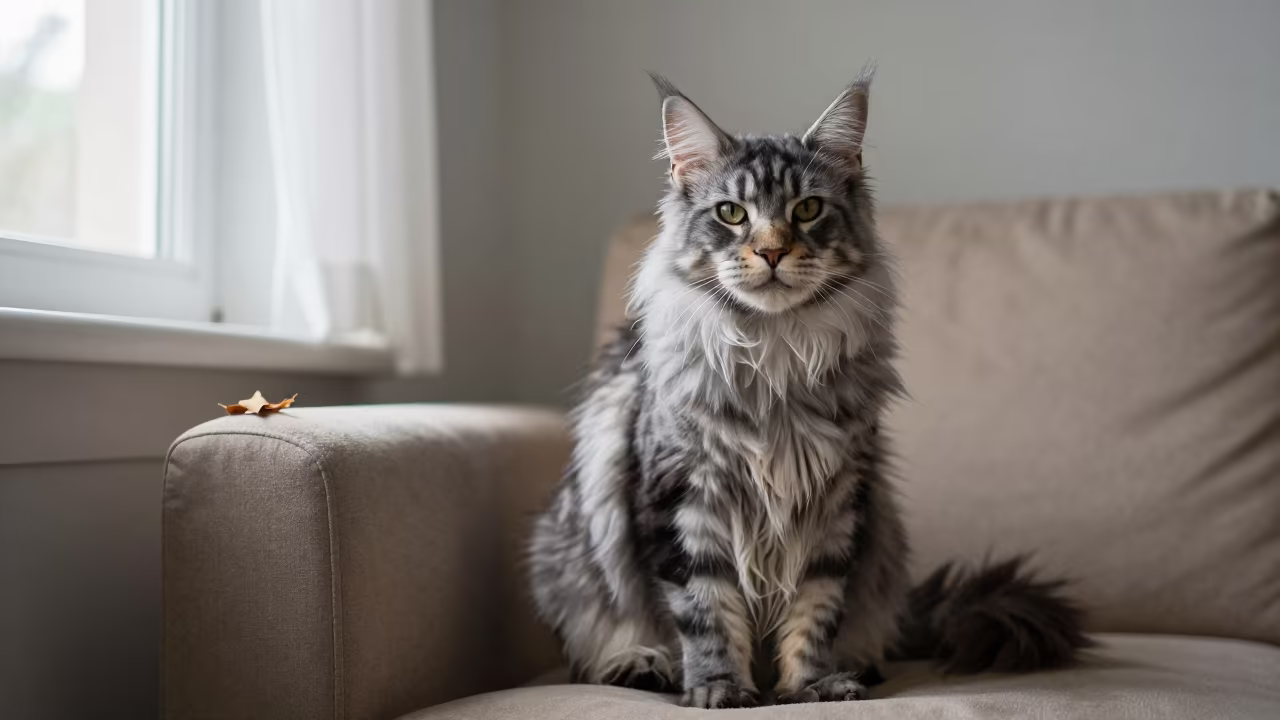 Maine Coon Polydactyl Cat Portrait Indoor in on a sofa near a curtained window with calm indoor light near Indore