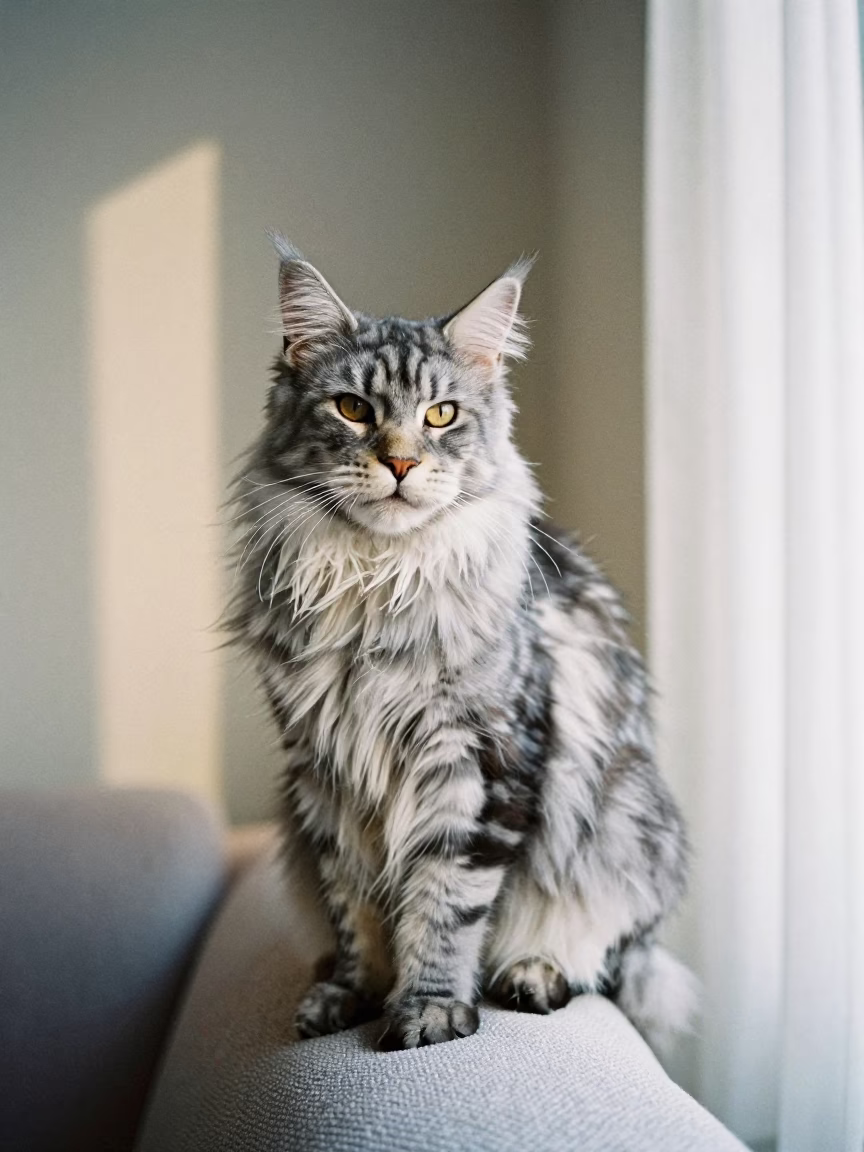 Maine Coon Polydactyl Portrait Near Window in on a sofa near a curtained window with calm indoor light near Al-Hasakah
