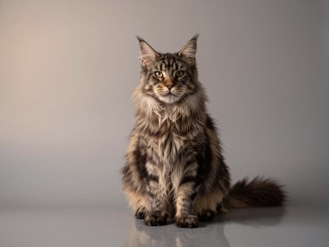 Maine Coon Portrait in Dawn Studio Light in in a quiet portrait studio with a plain backdrop and eye-level framing in Perth