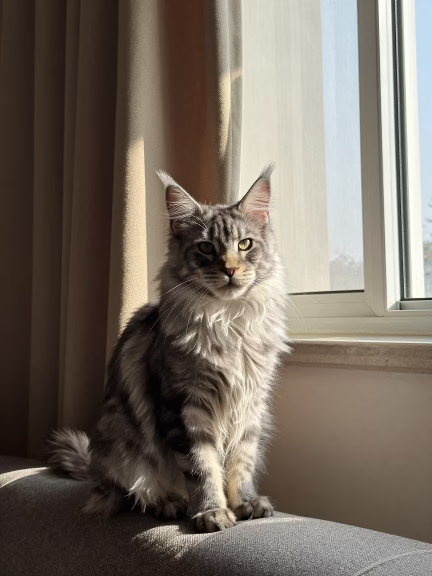 Maine Coon Portrait Near Window in Khulna in on a sofa near a curtained window with calm indoor light near Khulna