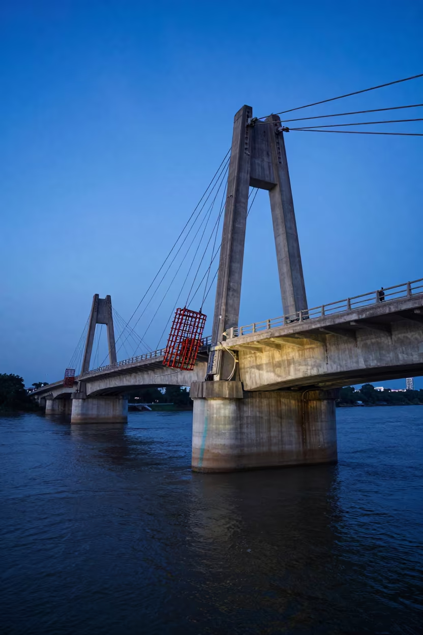 Maintenance Cage Swinging Over Malaysian River in beside a bridge pier above moving water in Malaysia