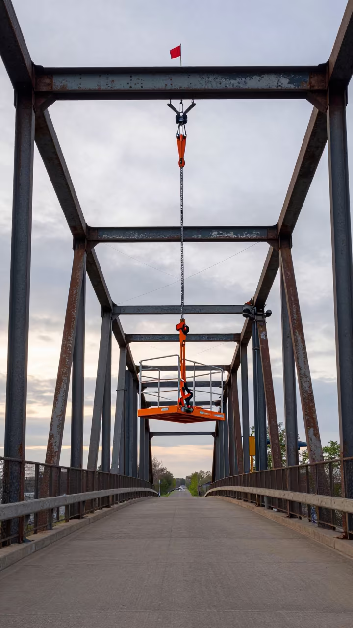 Maintenance Cage Swings Under South Dakota Bridge in beneath a bridge span in South Dakota