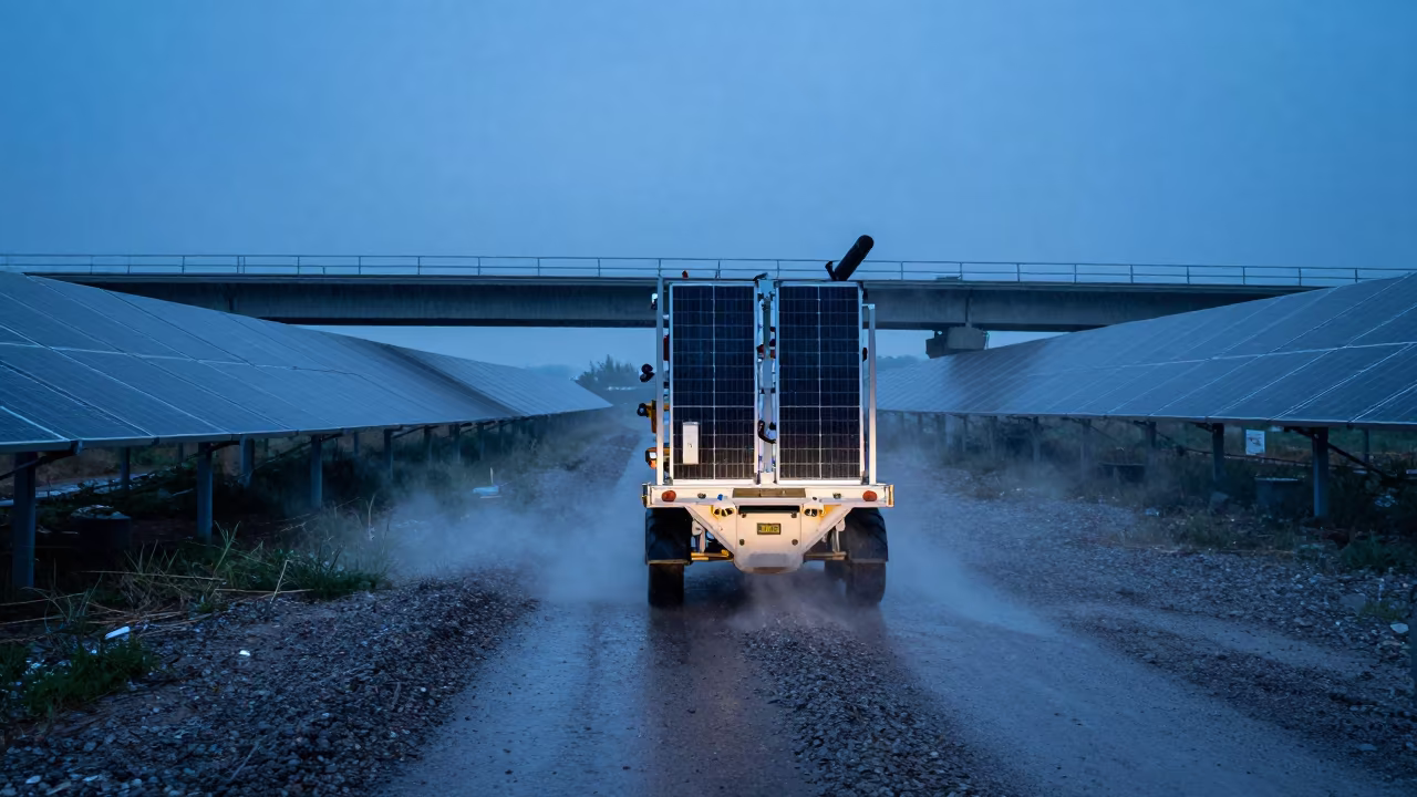 Maintenance Cart Kicks Dust on North Macedonia Overpass in across a windy overpass interchange in North Macedonia