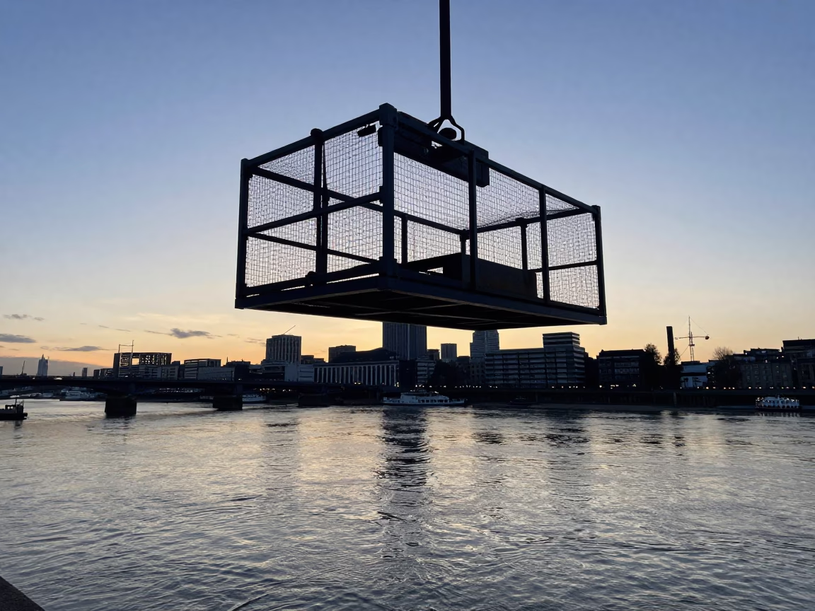 Maintenance Cradle in London at The Still Hours Before Dawn Light in in London, United Kingdom