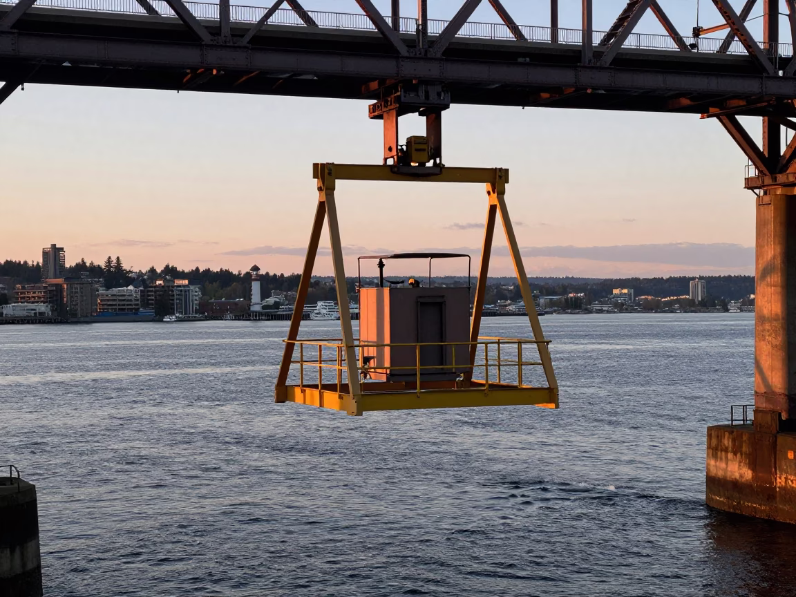 Maintenance Cradle in Seattle at Copper-toned Light Before Dusk in in Seattle, Washington, United States