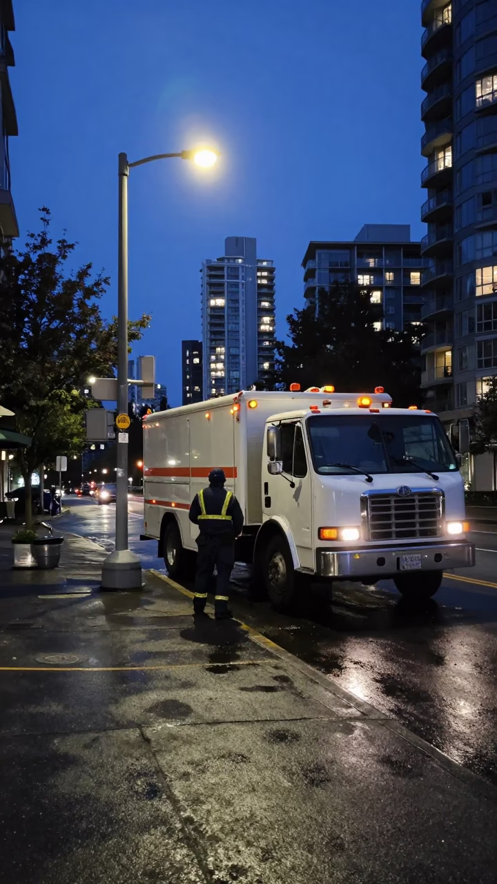 Maintenance Crew in Vancouver at The Predawn Darkness Light in in Vancouver, British Columbia, Canada