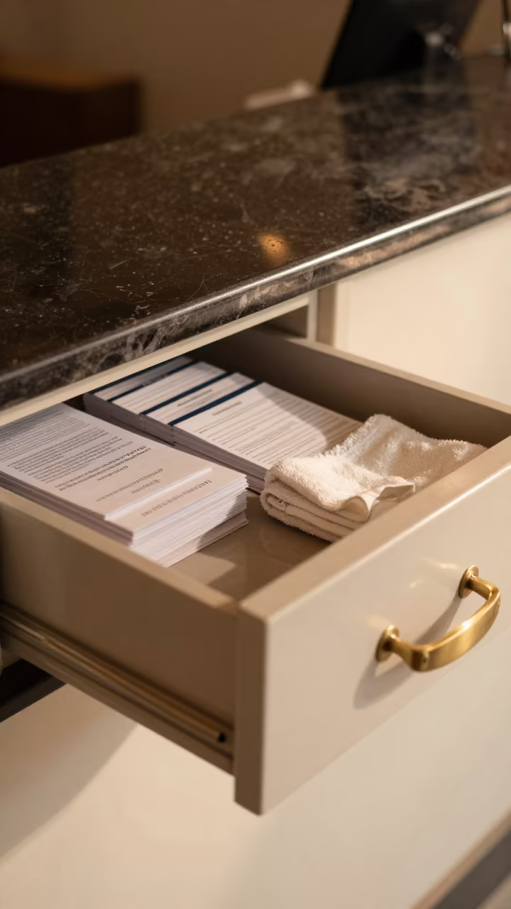 Maintenance Notice Drawer in Chiniot Hotel Lobby in at a reception desk under warm light in Chiniot
