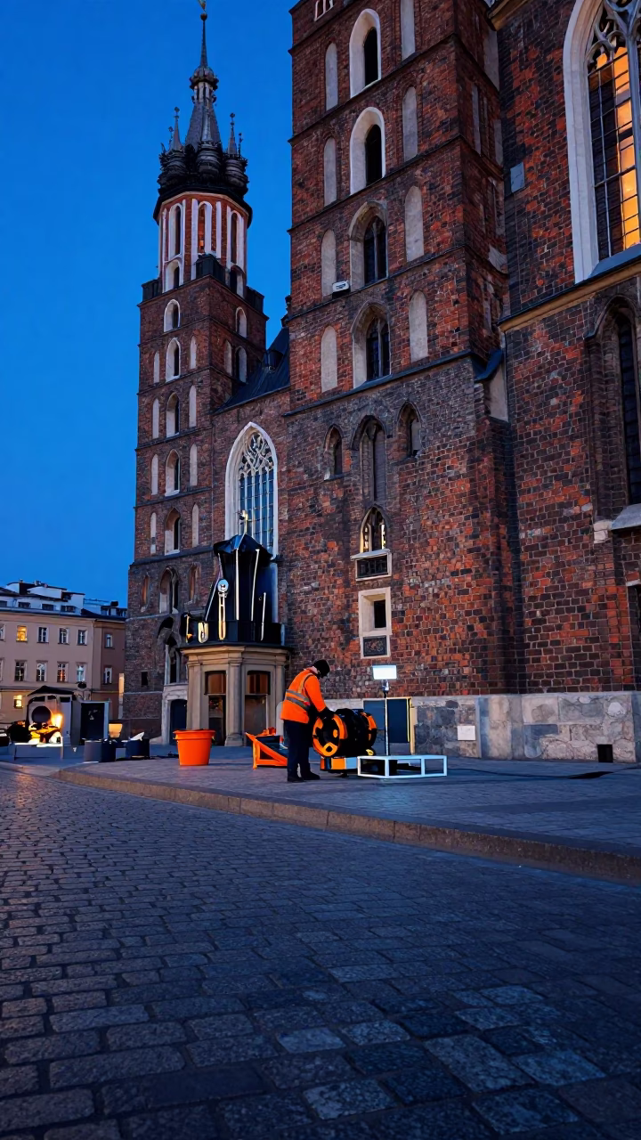 Maintenance Scene in Krakow at The Still Hours Before Dawn Light in in Krakow, Poland