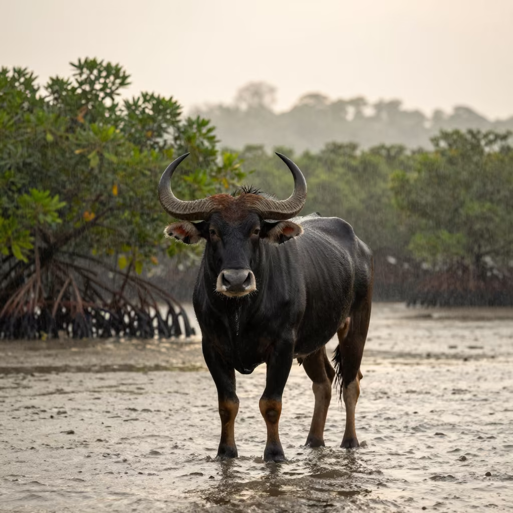 Majestic Eland Bull in Morning Mist in beside a tidal inlet near Johor Bahru