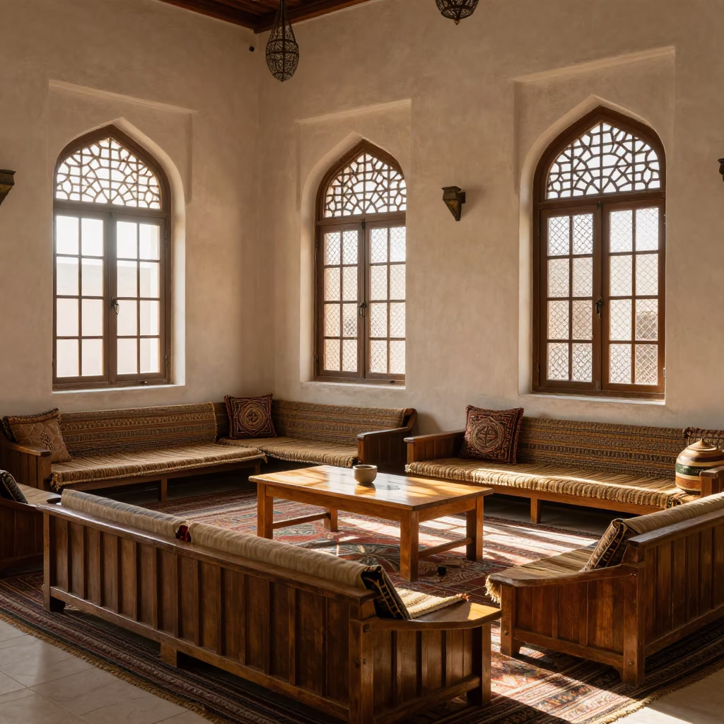 Majlis Interior at Clear Late-afternoon Light in Muscat in in Muscat, Oman