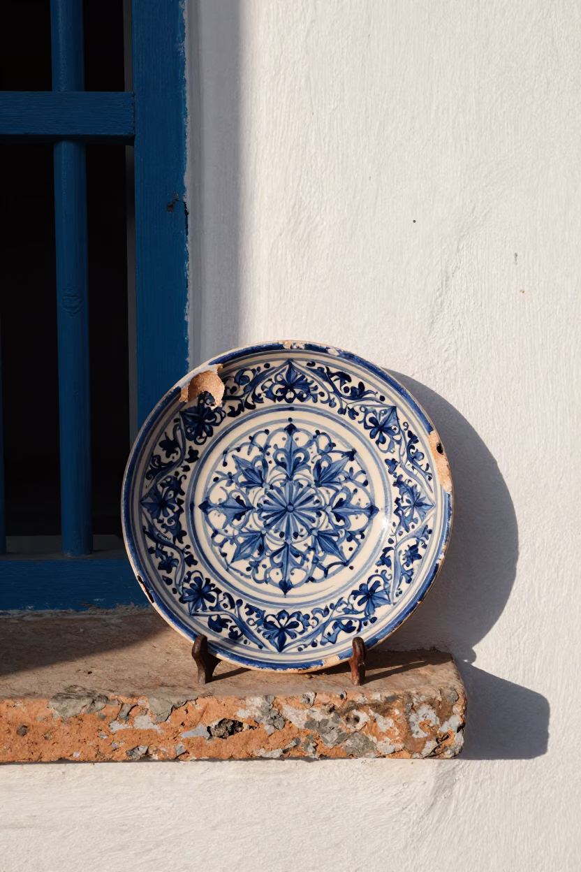 Majolica Plate at Clear Late-afternoon Light in Essaouira in in Essaouira, Morocco