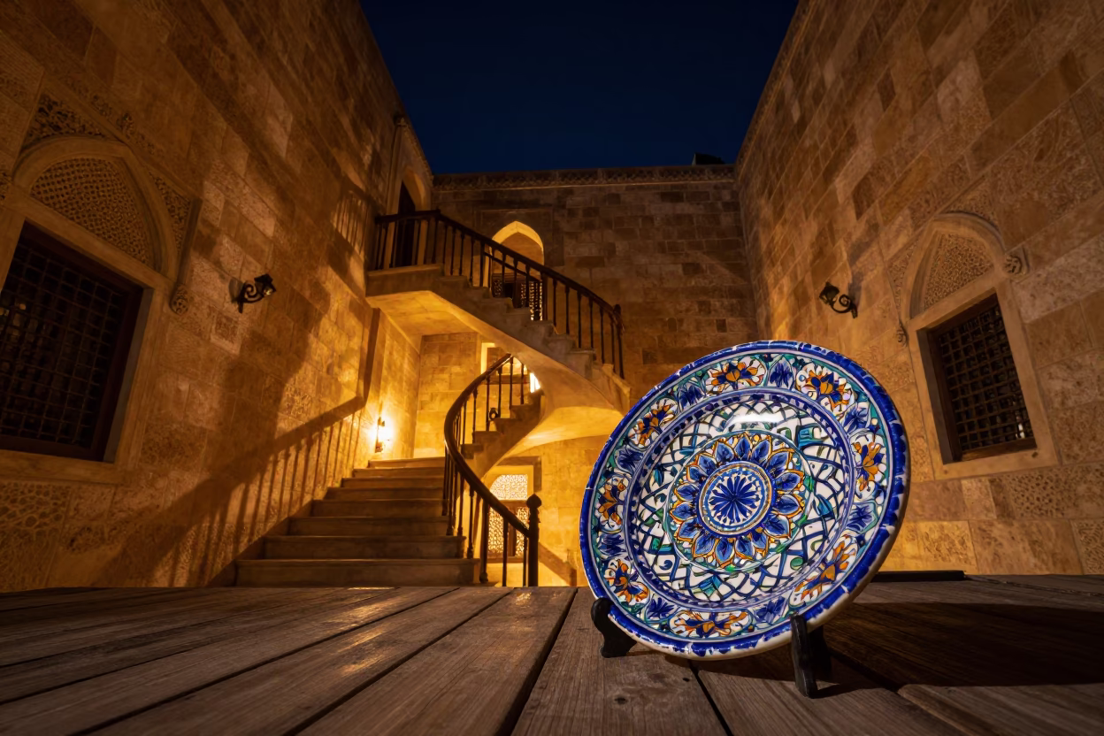 Majolica Plate in Alexandria at The Deepest Night Sky Light in in Alexandria, Egypt