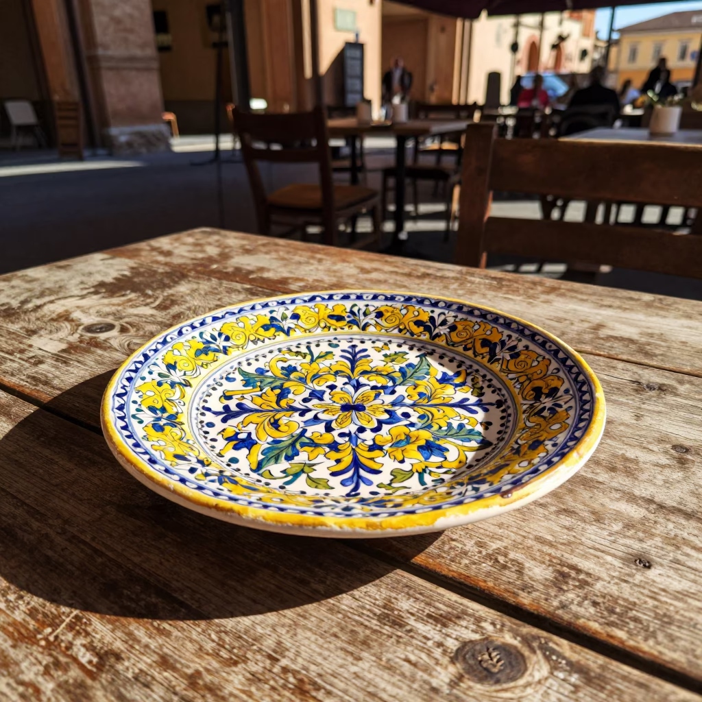 Majolica Plate in Bologna at The Late Morning Light in in Bologna, Italy