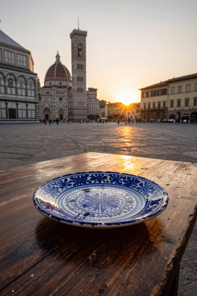 Majolica Plate in Florence at As The Sun Drops Toward The Horizon in in Florence, Italy