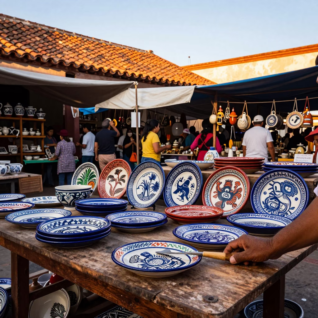 Majolica Plate in Oaxaca at As First Light Reaches The Scene in in Oaxaca, Mexico