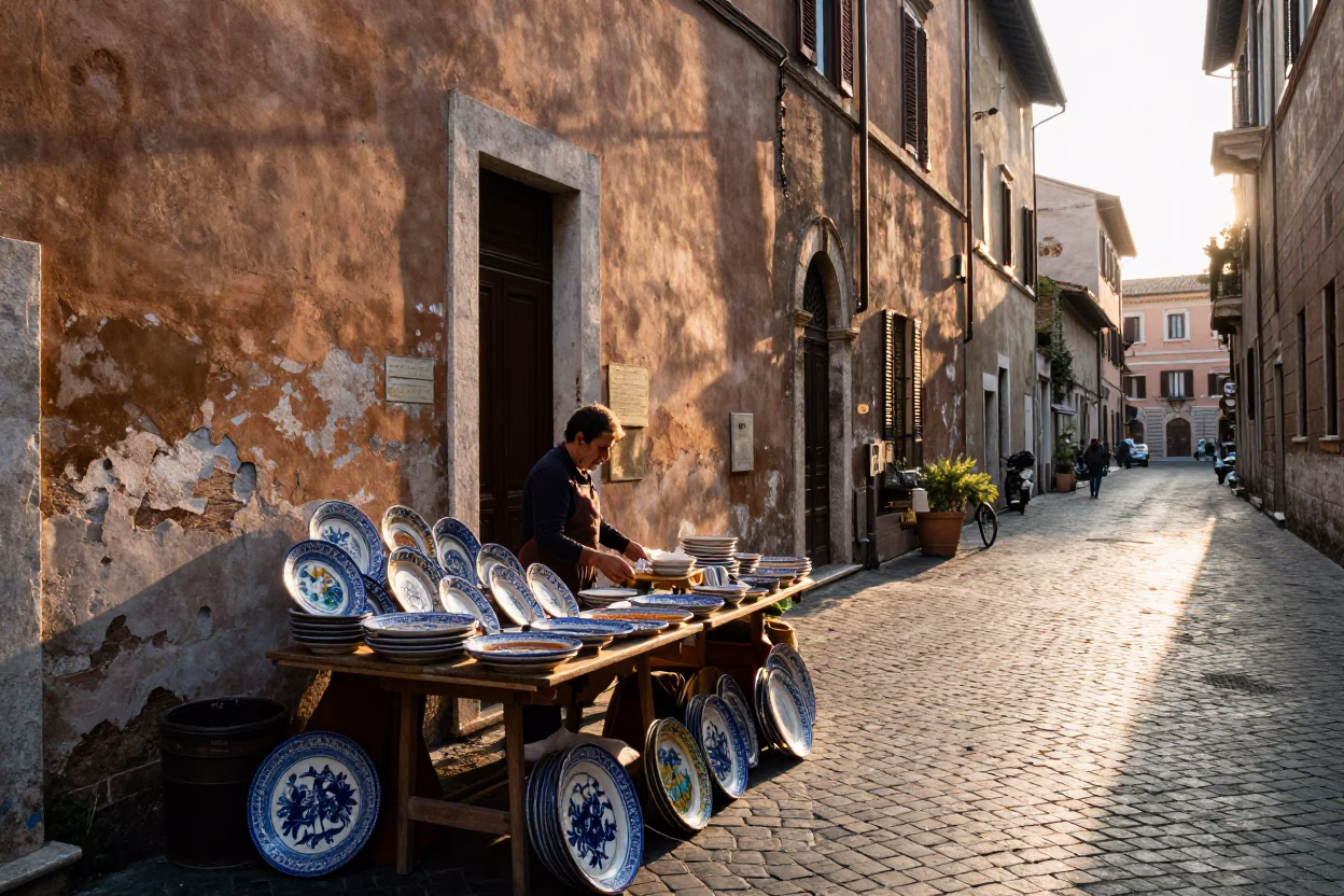Majolica Plate in Rome at First Light Of Dawn in in Rome, Italy