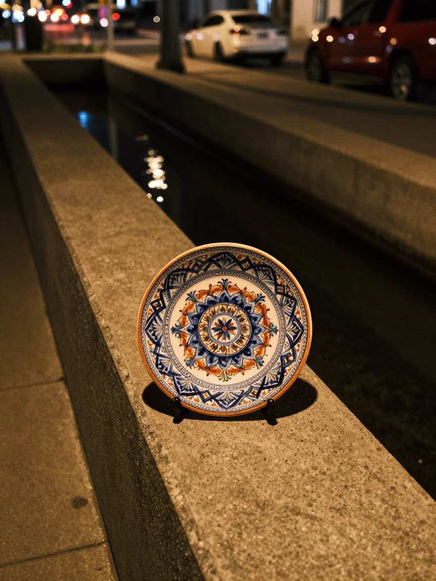 Majolica Plate in San Diego at Late At Night Light in in San Diego, California, United States