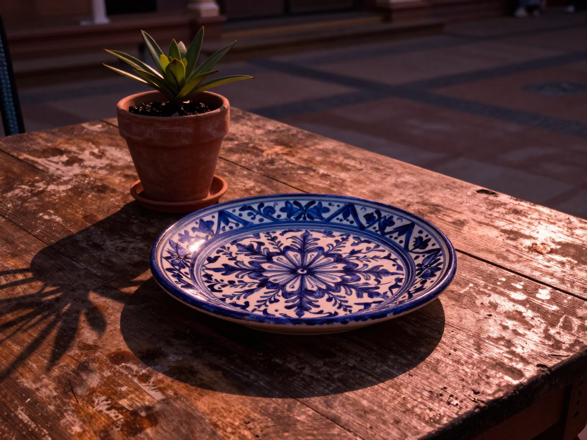 Majolica Plate in Seville at Copper-toned Light Before Dusk in in Seville, Spain
