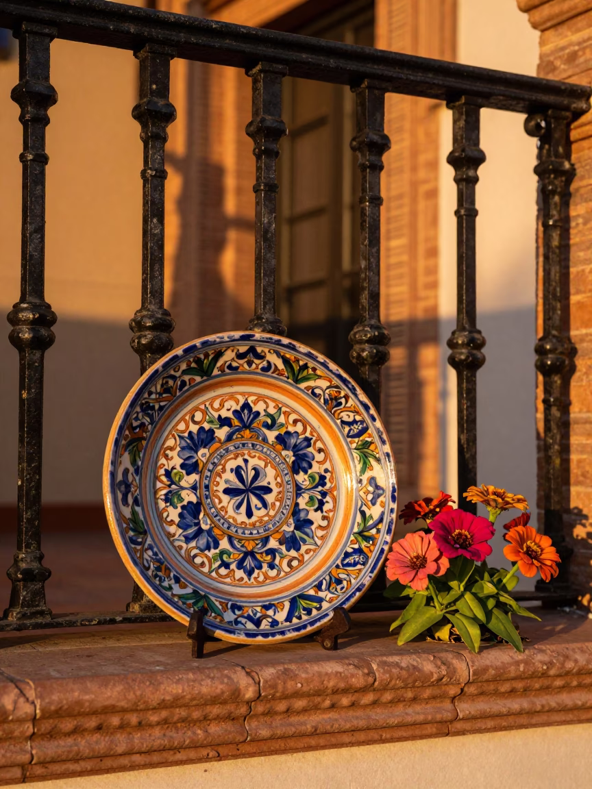 Majolica Plate in Seville at Sunset Light in in Seville, Spain