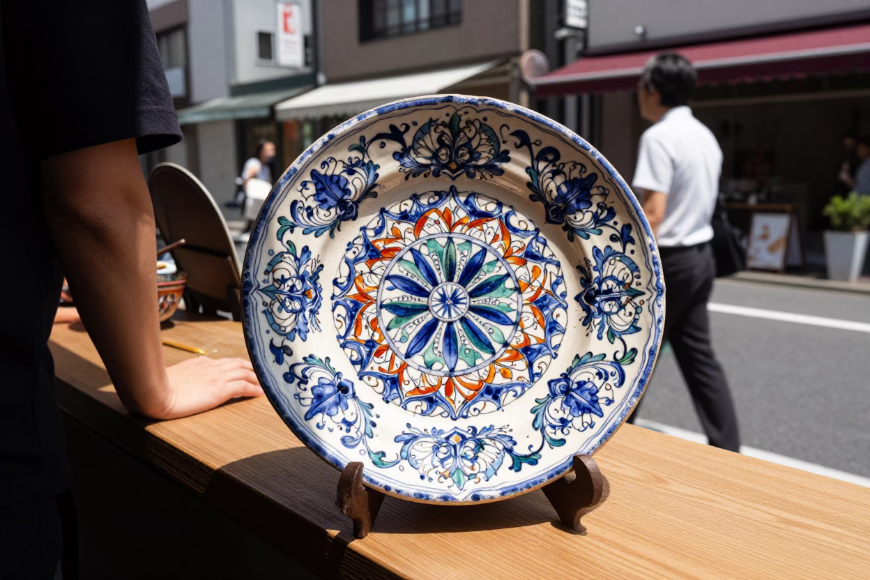 Majolica Plate in Tokyo at The Flat Glare Of Noon Light in in Tokyo, Japan