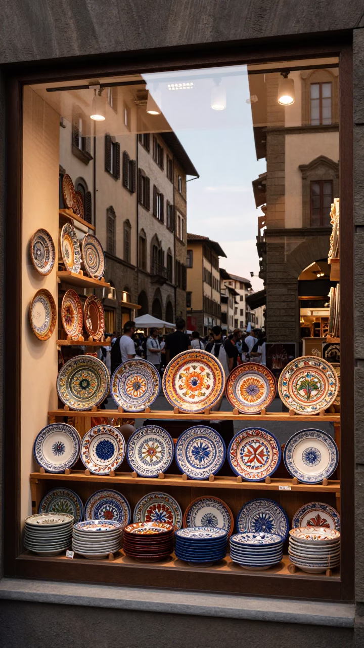 Majolica Plates Displayed in Florentine Shop Window Before Dusk in in Florence, Italy