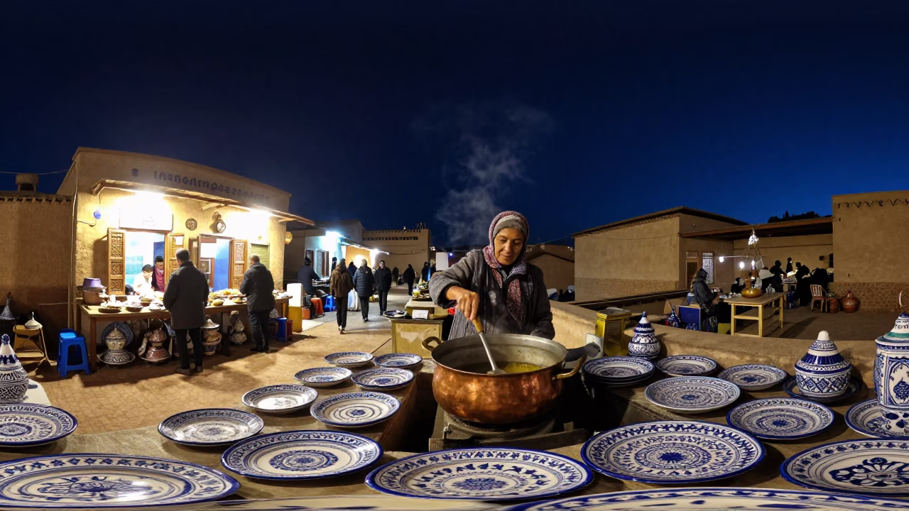 Majolica Plates in Fez at The Deepest Night Sky Light in in Fez, Morocco