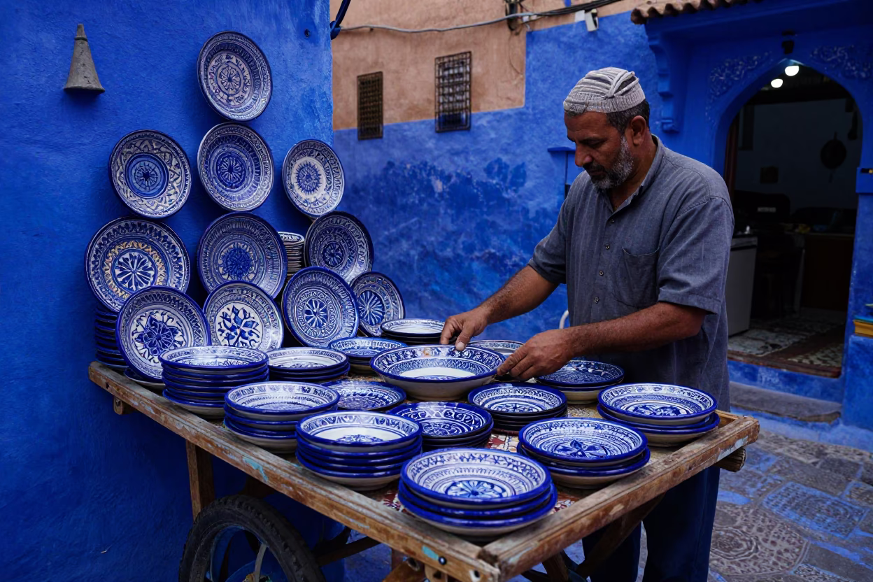 Majolica Plates in Marrakech at The Last Blue Light Of Evening in in Marrakech, Morocco