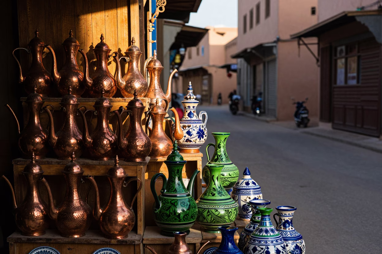 Majolica Pots in Marrakech at The Early Morning Light in in Marrakech, Morocco