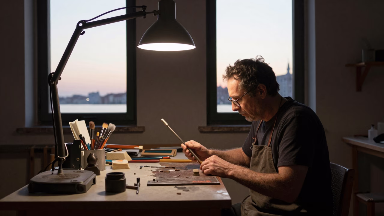 Maker Working in Venice at Nautical Dawn Light in in Venice, Italy