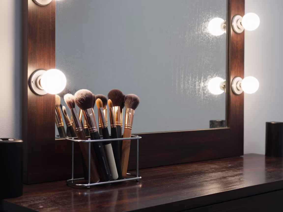 Makeup Brush Rack at Cotonou Barber Station in at a barber station beneath mirror bulbs near Cotonou