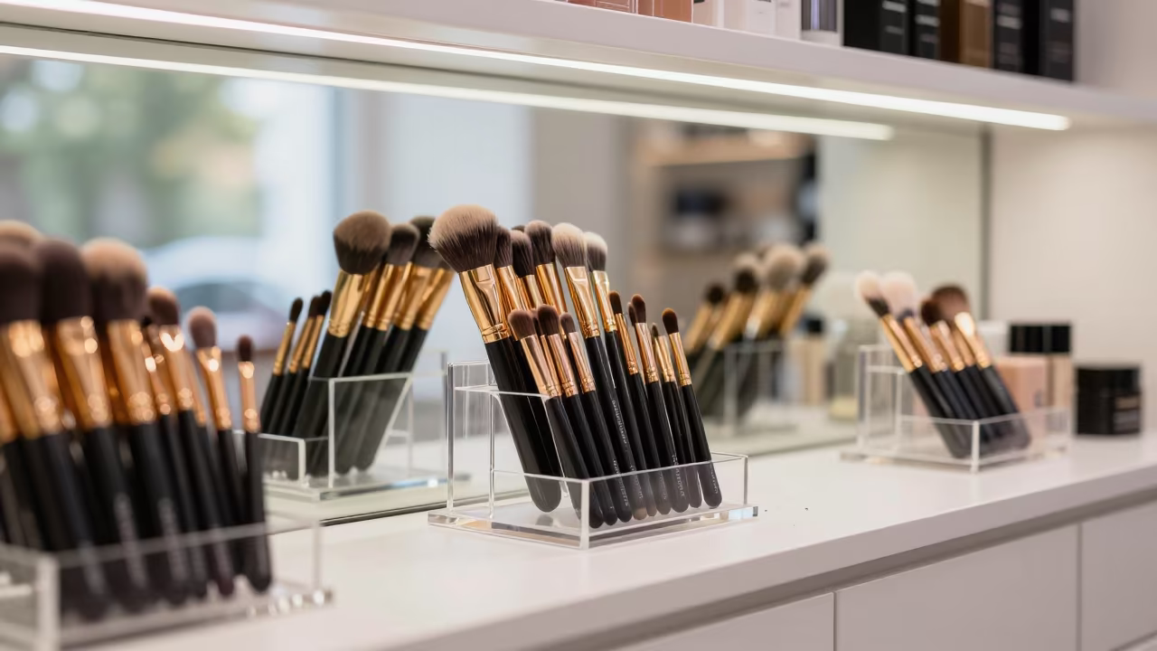 Makeup Brush Rack in Late Afternoon Beauty Store in in a beauty supply area under white LEDs in Yekaterinburg