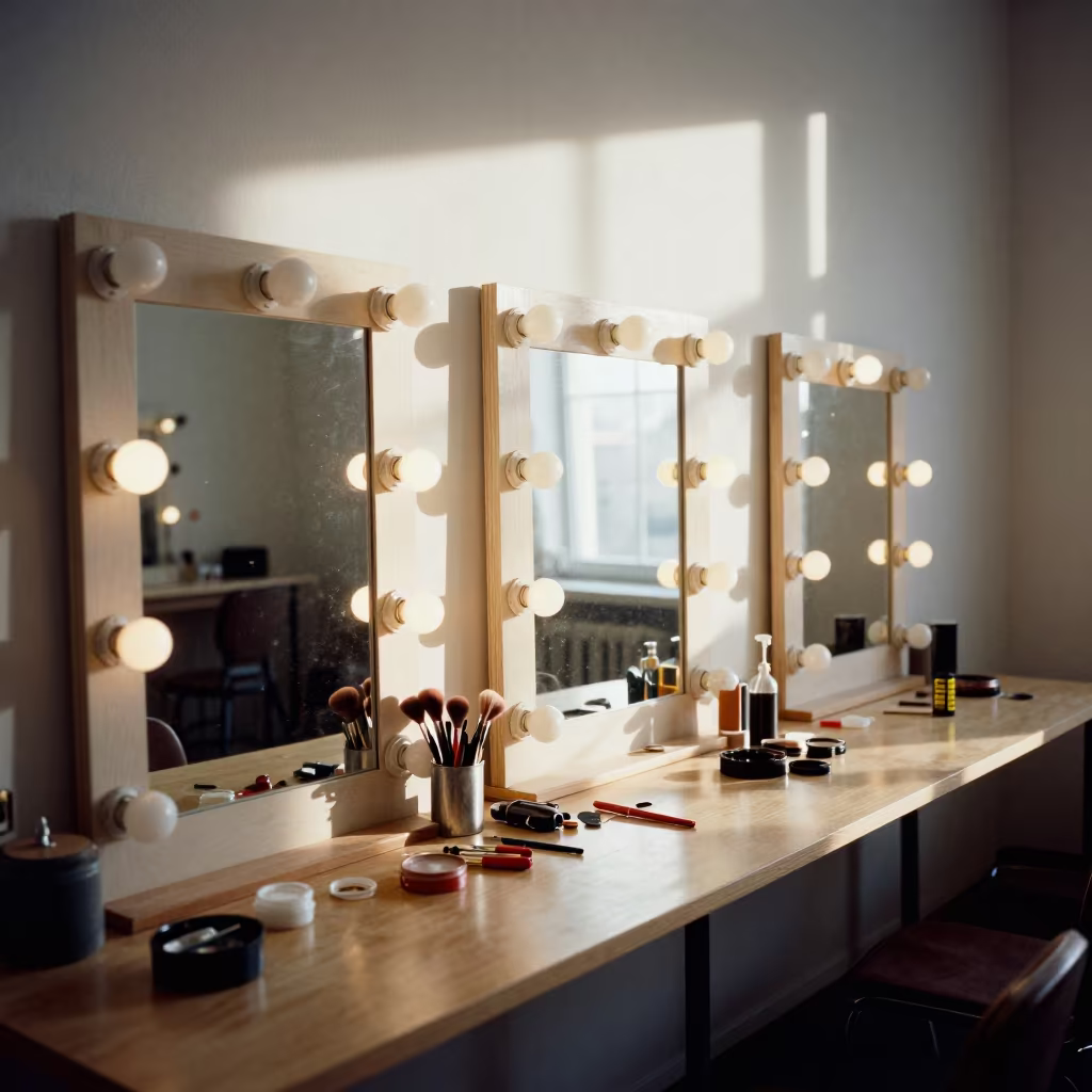 Makeup Brushes in Chelyabinsk Mirror in beside a mirror lined with makeup bulbs in Chelyabinsk