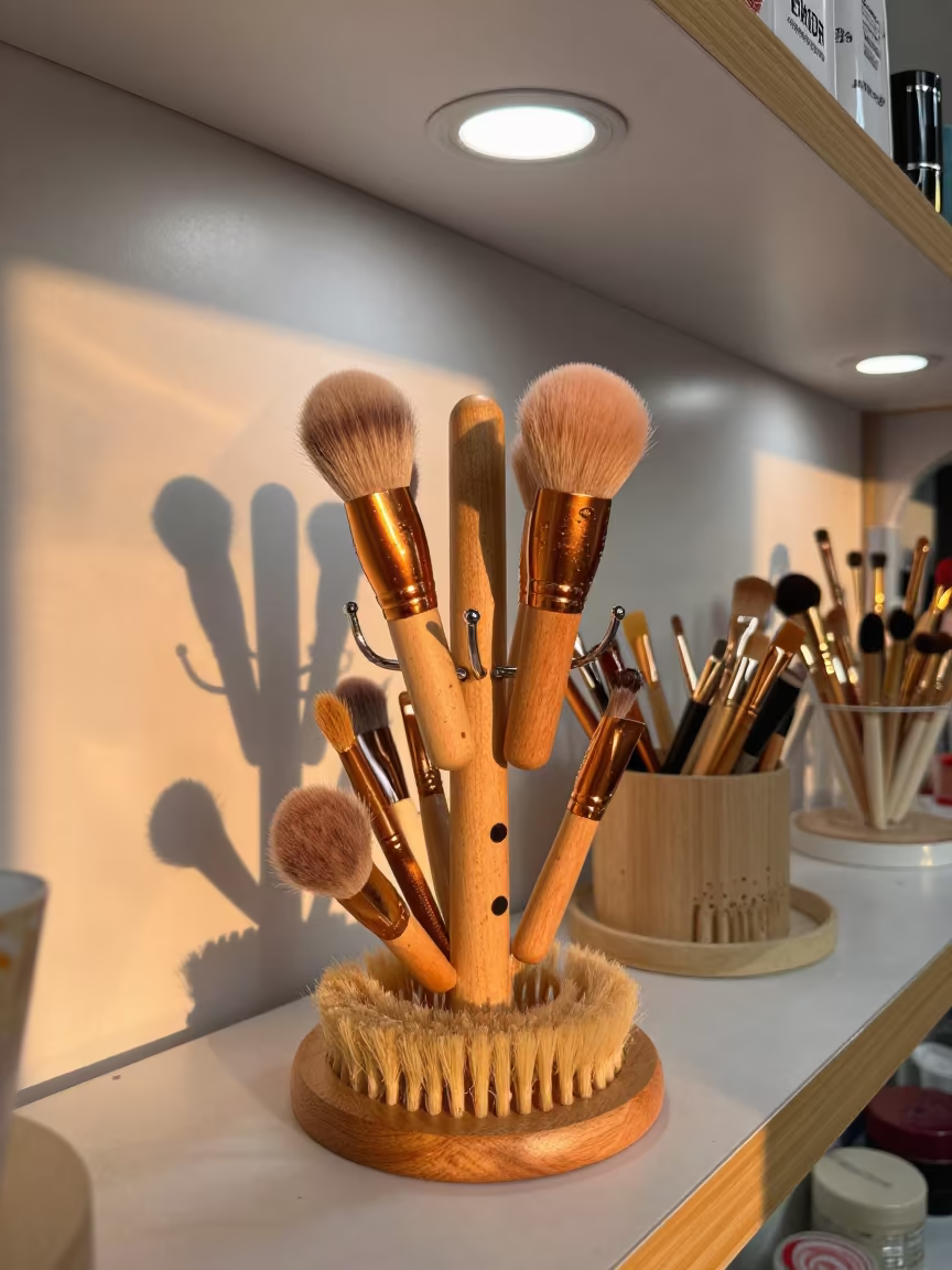 Makeup Brushes Drying in Haikou Sunset Light in in a beauty supply area under white LEDs in Haikou