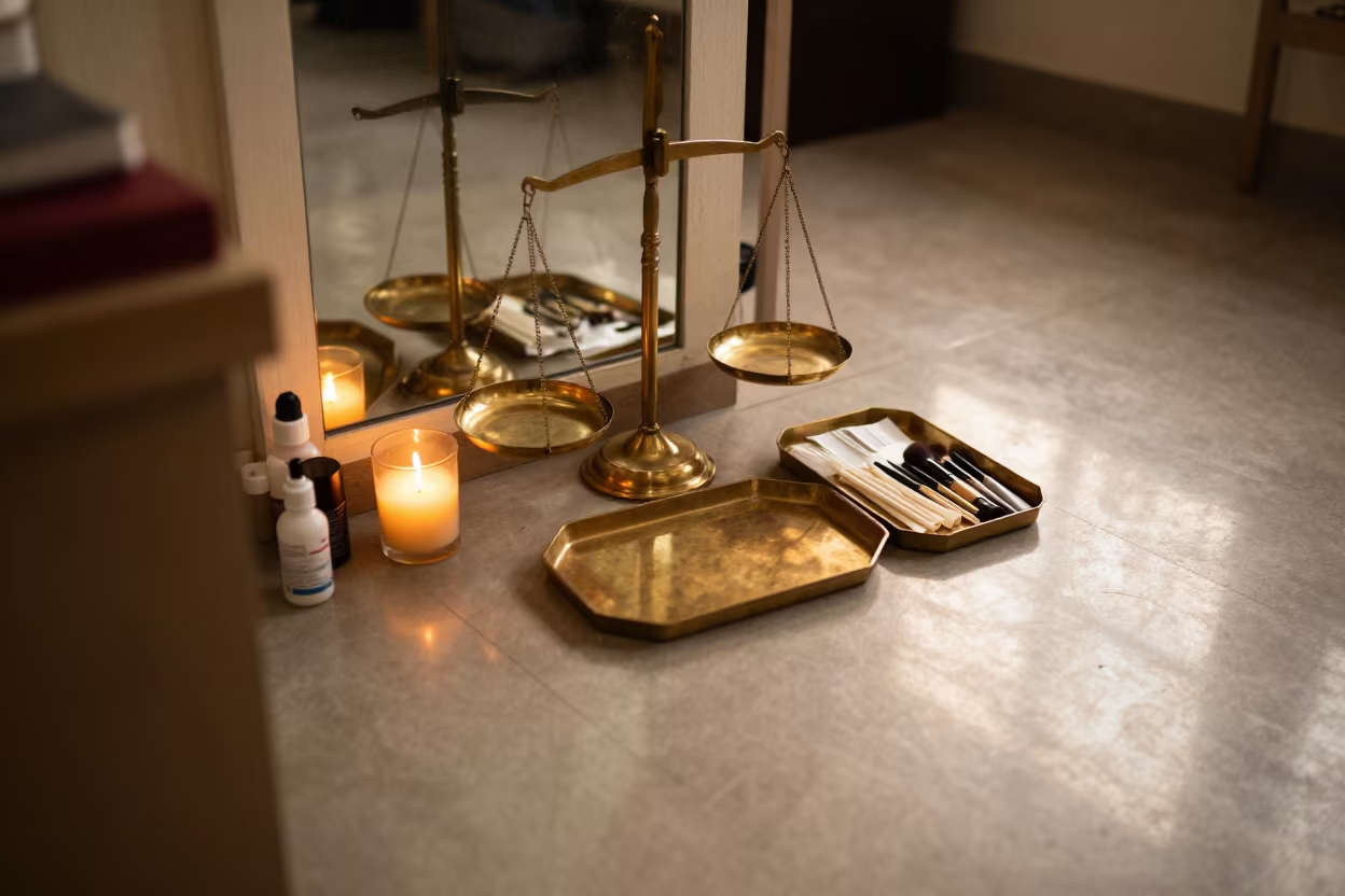 Makeup Corner in Kanpur Jewelry Stall at Sunset in inside a jeweler's stall with brass scales and trays in Kanpur