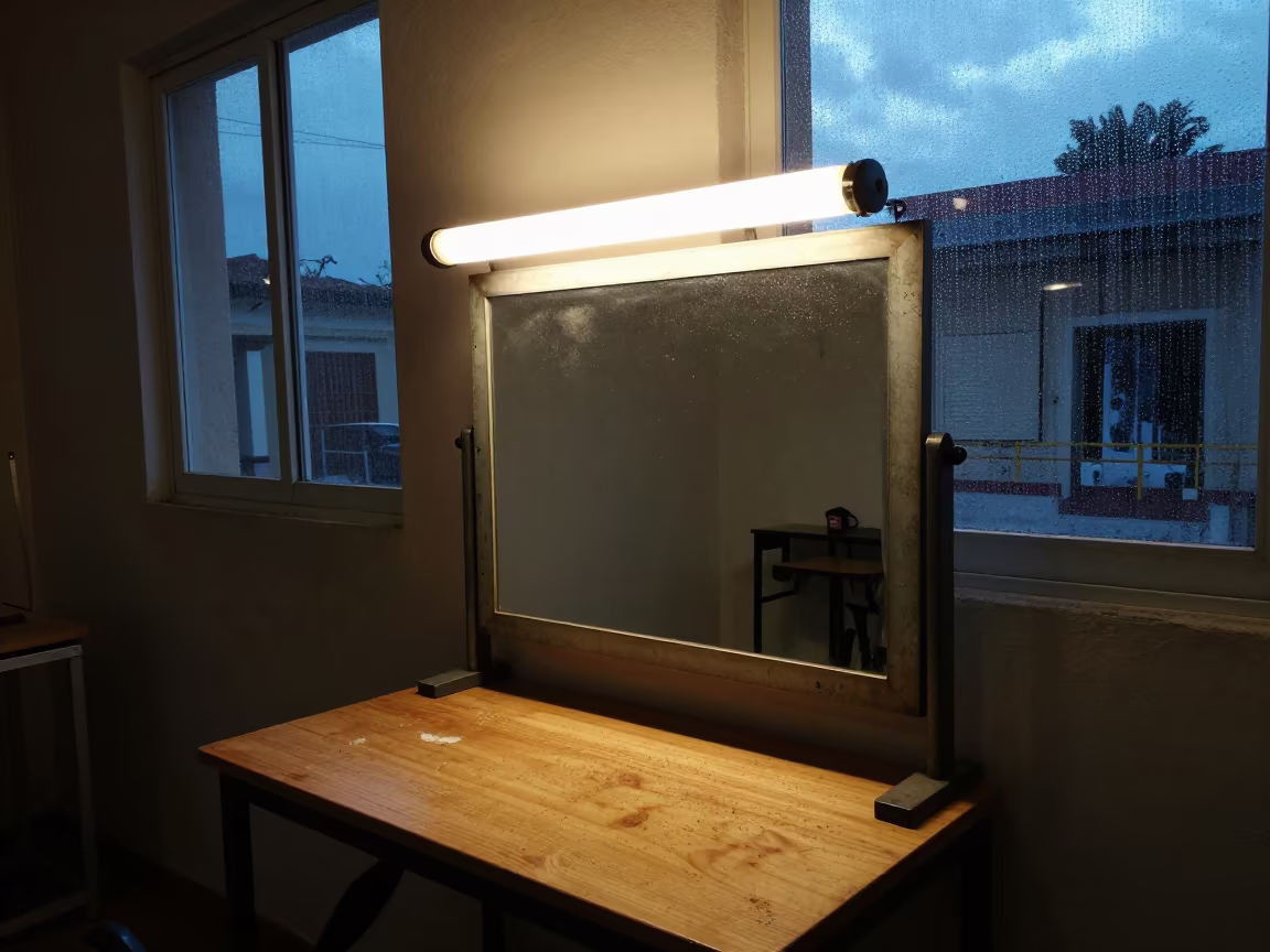 Makeup Mirror and Rosin Dust in Bayamo Twilight in in a rehearsal room in Bayamo