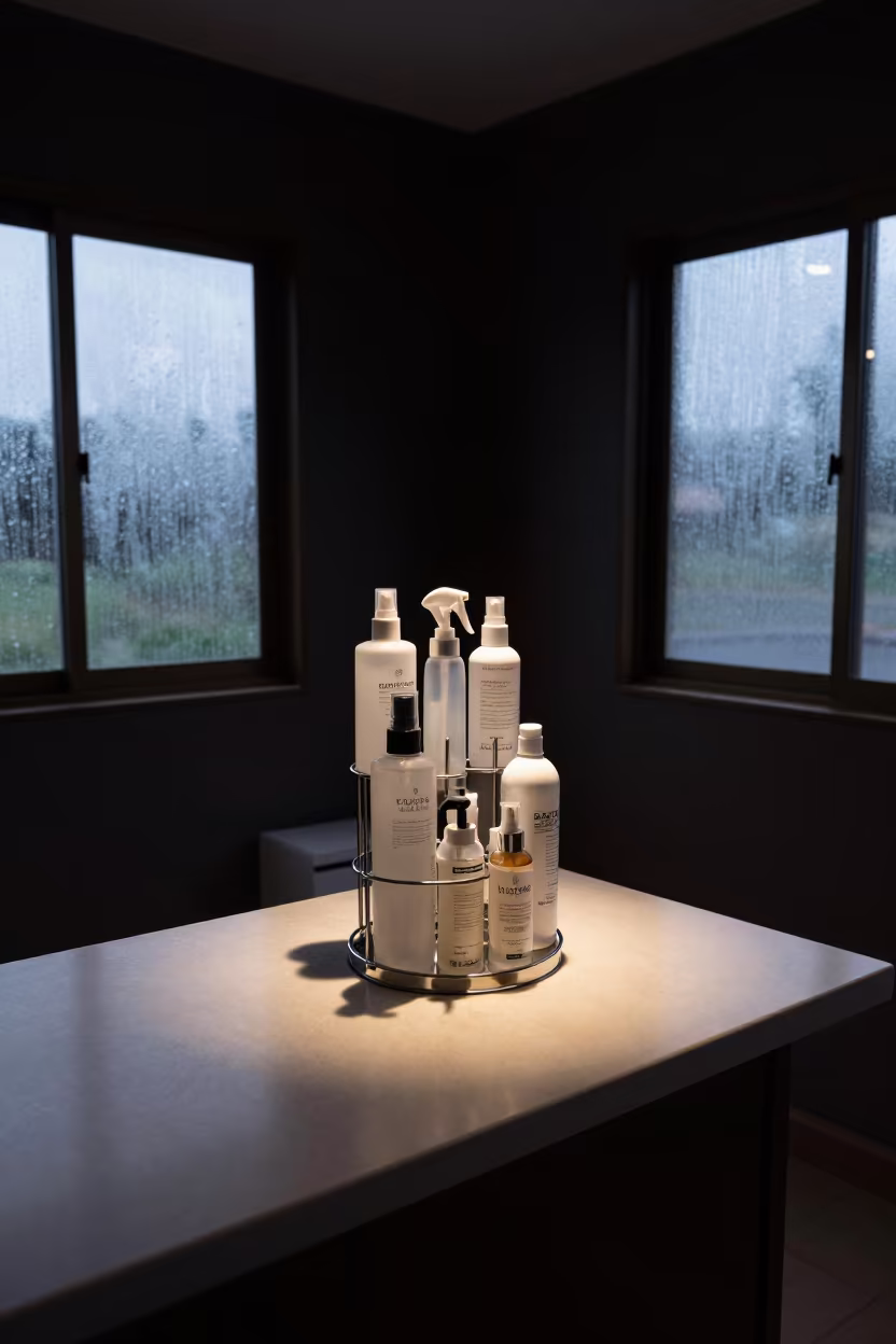 Makeup Sanitizer Rack in Predawn Kinshasa Salon in at a salon reception counter in Kinshasa
