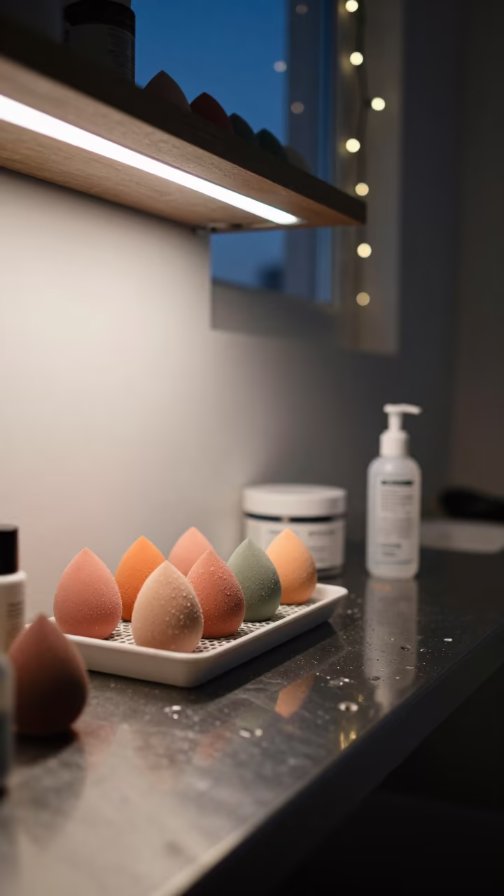 Makeup Sponge Drying Tray in Indigo Twilight Glow in in a beauty supply area under white LEDs in Oudtshoorn