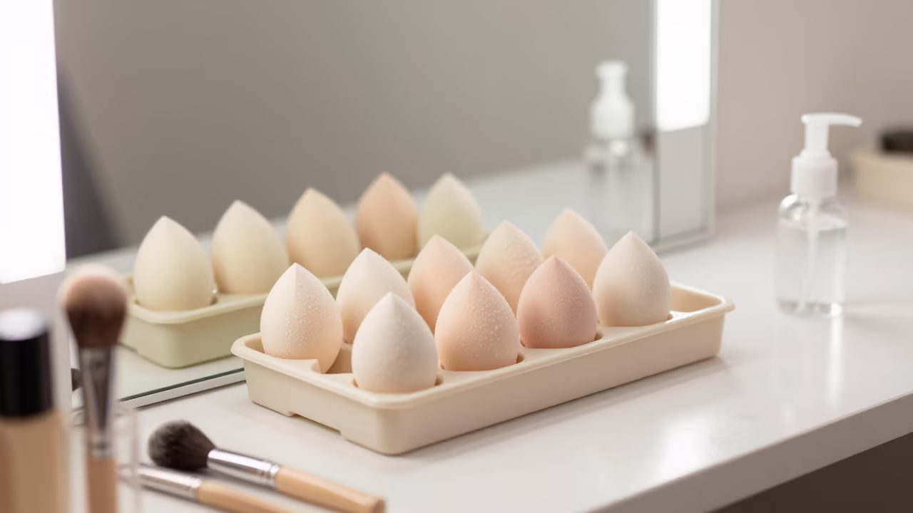 Makeup Sponge Drying Tray in Kigali Beauty Supply in in a beauty supply area under white LEDs in Kigali