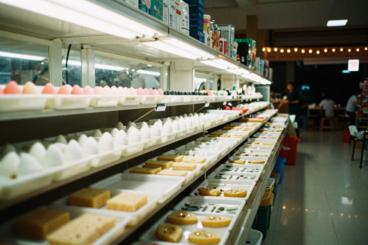 Makeup Sponge Drying Tray Under LED Glow in in a beauty supply area under white LEDs in Can Tho