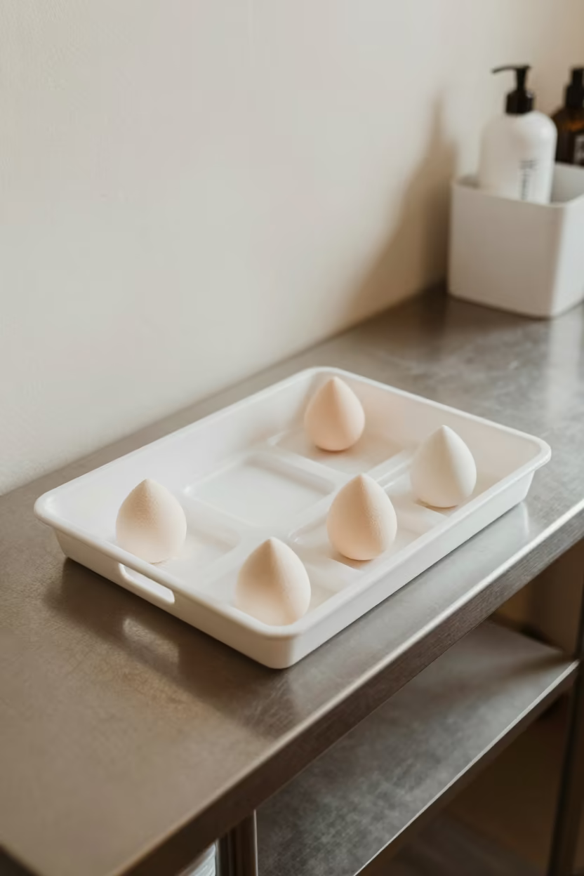 Makeup Sponge Drying Tray During Reset in inside a skincare treatment room near Masvingo