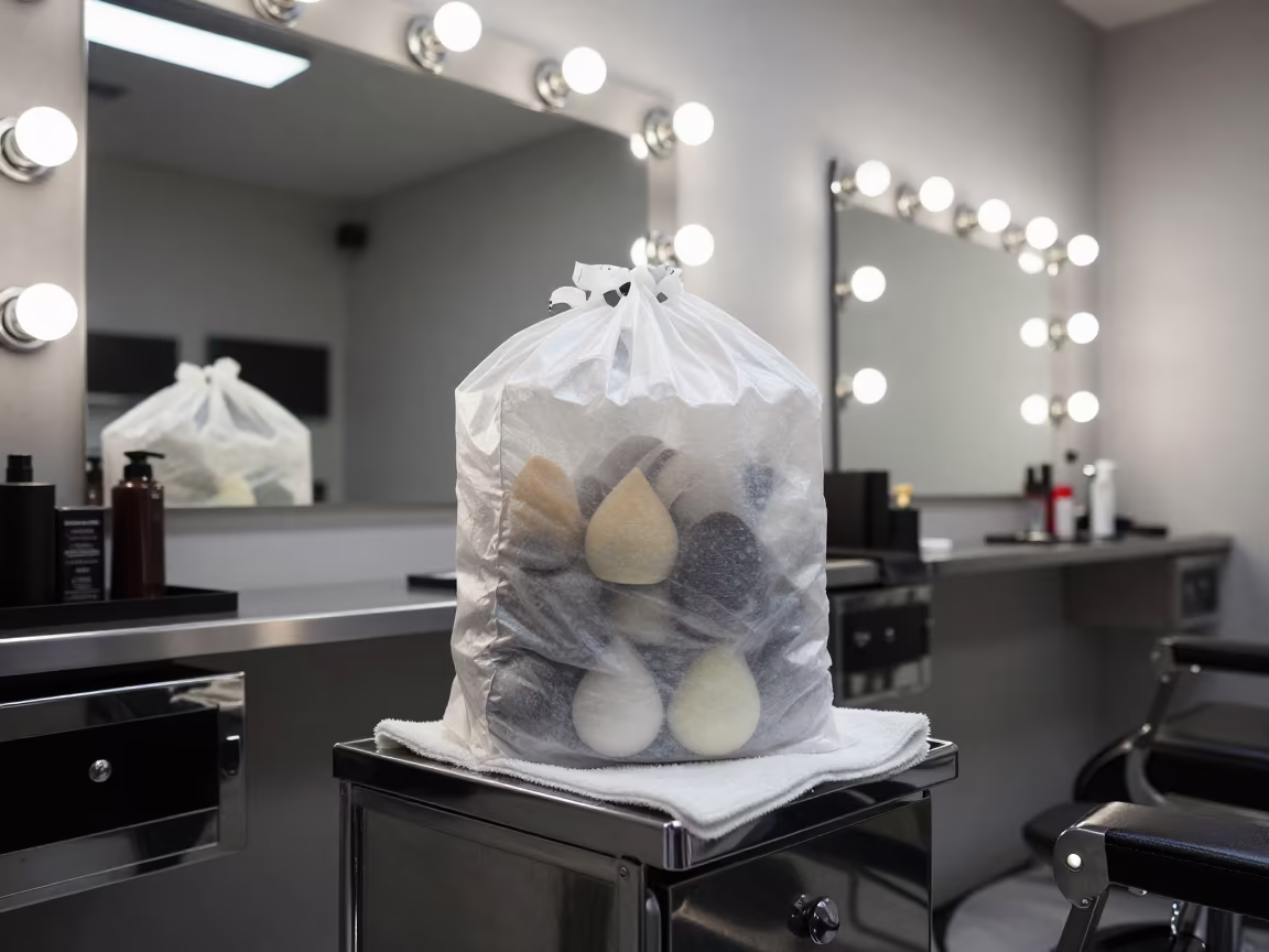 Makeup Sponge Laundry Bag at Guiyang Barber Station in at a barber station beneath mirror bulbs near Guiyang