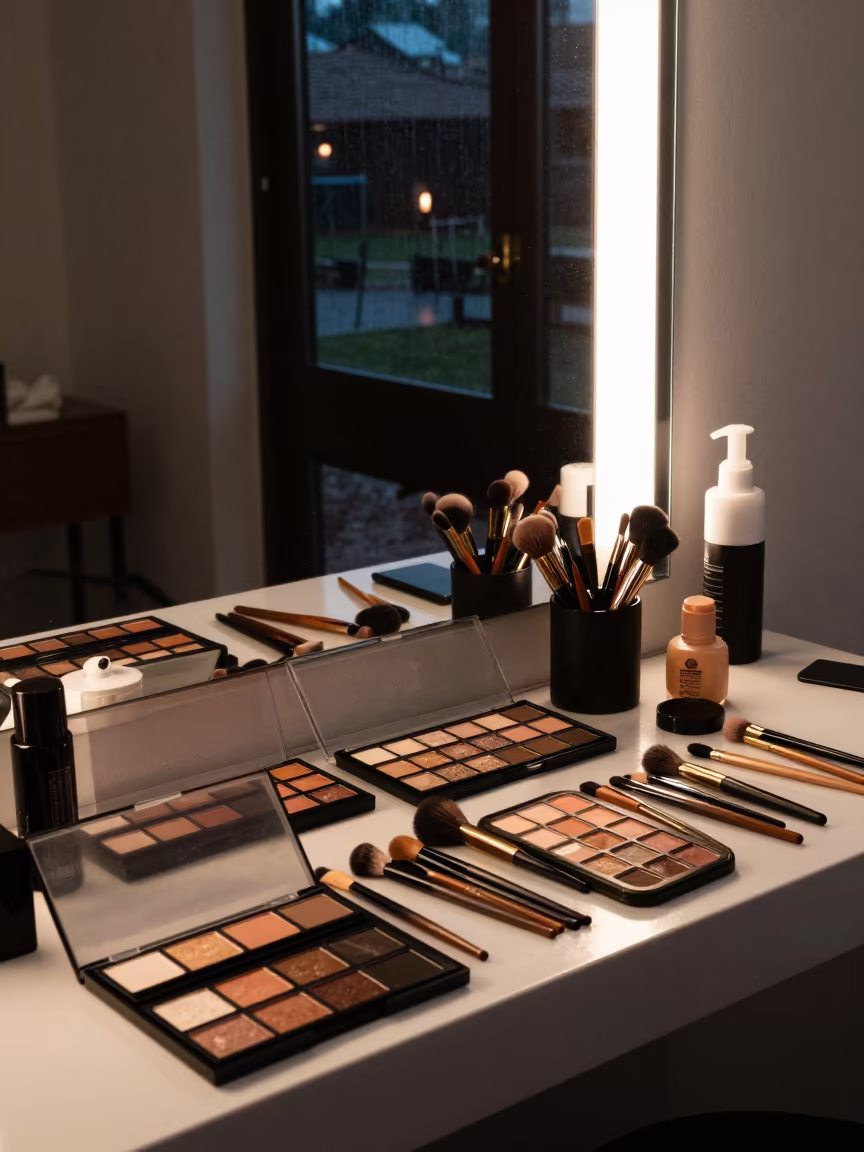 Makeup Station Under Firelight at El Alto Salon in at a salon reception counter in El Alto