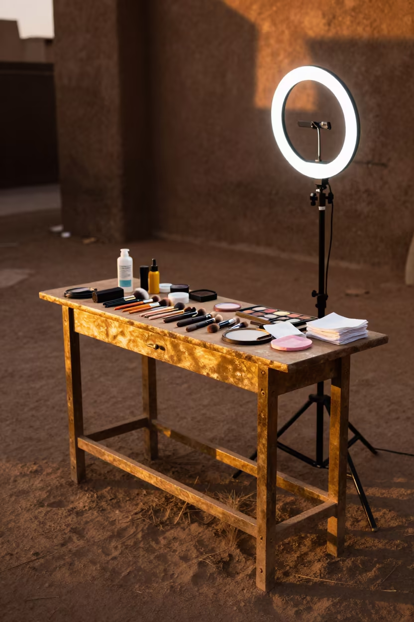 Makeup Station on Goldsmith Bench in Khartoum Bazaar in at a goldsmith bench in a bazaar jewelry lane near Khartoum