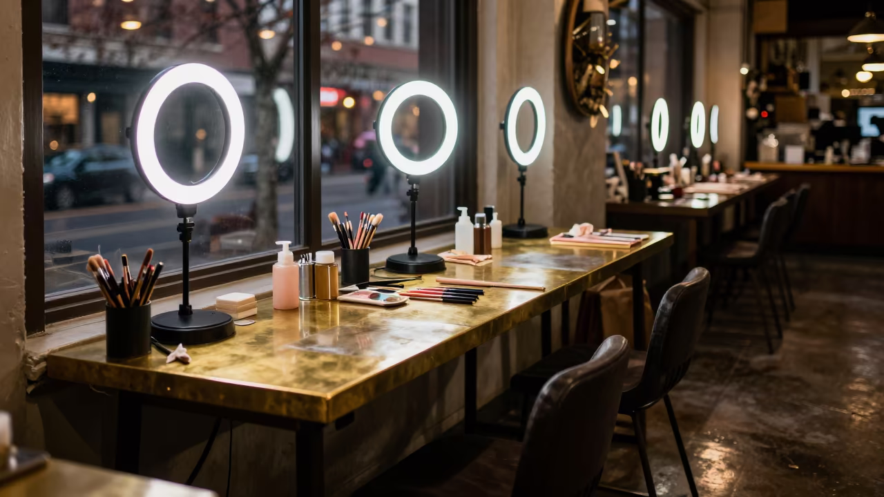 Makeup Station on Goldsmith Bench in Pittsburgh Bazaar in at a goldsmith bench in a bazaar jewelry lane in Pittsburgh