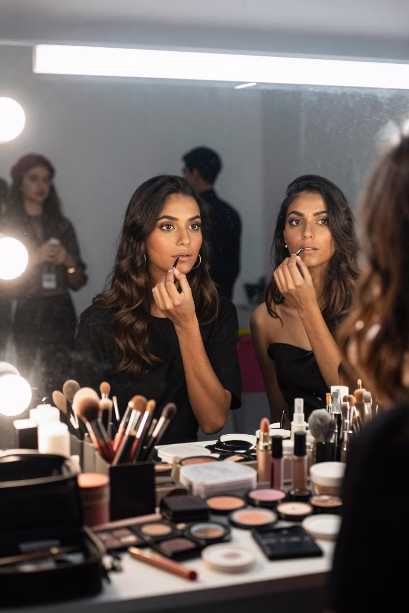Makeup Station Mirror Reflection Fashion Week in under runway rehearsal lights near Beawar